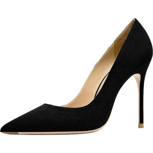 Black Flock Women Pumps Classic Fashion Ladies High Heeled Shoes Winter Women Sexy Stilettos Genuine Leather Heels Party Shoe