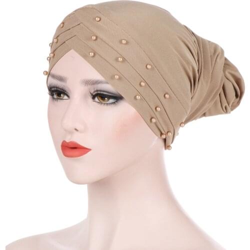 Uslim Head Scarf Milk silk Indian Toque New Women Elastic Turban Hijab Islamic Chemo Cap Ladies Head Wrap Beads Long Tail hat