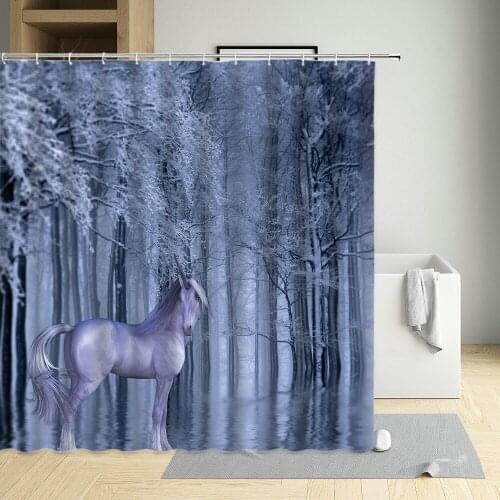 Unicorn Shower Curtain Abstract Dream Forest Animal Snow Moon Night View Child Bathroom Home Decor With Hook Waterproof Screen