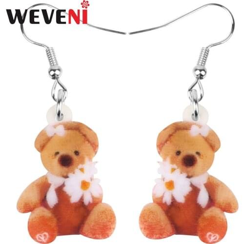 WEVENI Acrylic Flower Bear Doll Earrings Sweet Lovely Animal Toy Dangle Drop Jewelry Gift For Women Lover Kid Fashion Decoration