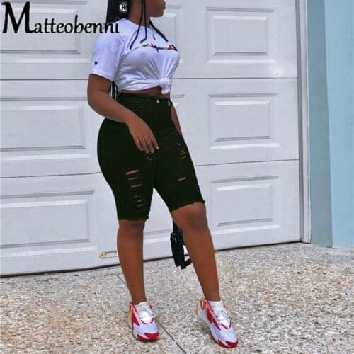 2021 Summer Ladies Fashion Denim Shorts Ladies Solid Color Sexy High Waist Tattered Denim Shorts Casual Street Slim Denim Shorts