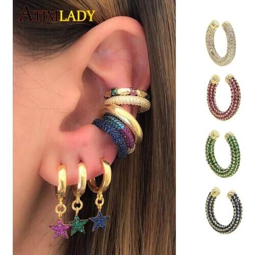 Stacking white green blue red cz Circle no piercing women 1 pc bling full cz colorful ear cuff multi piercing clip on earring