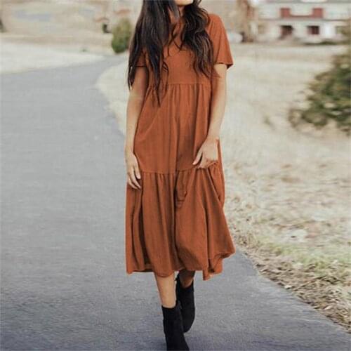 Womens Summer Sundresses Elegant Ruffles Dress Casual Short Sleeve Solid Party Vestido Vintage Kaftan Cotton Dresses Femme Robe