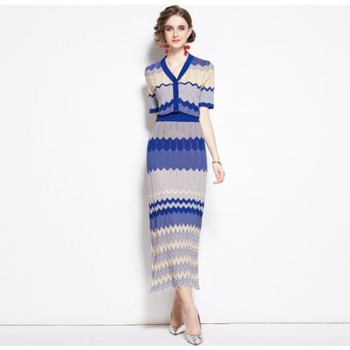 2020 Autumn Knitted Womens Suit Two Piece Skirt Set French Wave Stitching Knitted Cardigan + Pleated Skirt Women Sweater Sets