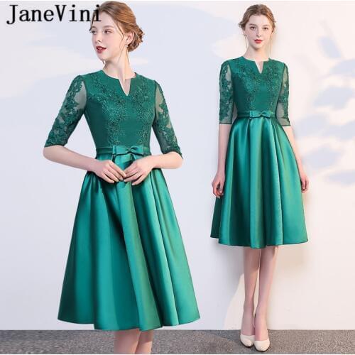 JaneVini Elegant Satin Bridesmaid Dresses Plus Size A Line Half Sleeve Lace Applique Zipper Back Knee Length Emerald Green Dress