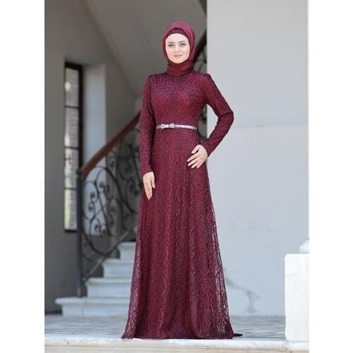 New Season Women Lace Covered Hijab Evening Dress Belt Detailed Elegant Shiny Lined Abaya Tailed Model High Quality Made in Turk