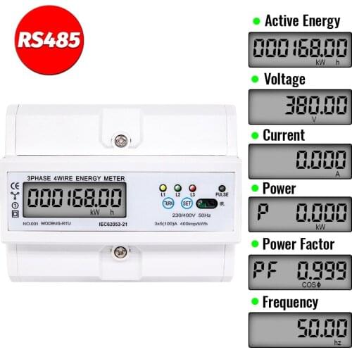 3 Phase 4 Wire RS485 Din Rail Energy Meter Digital Power Factor Monitor with Voltage Current Frequency Display 5(100)A 220/380V
