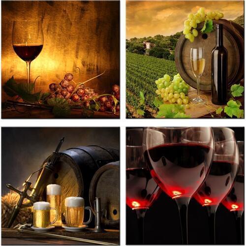 4 Panel Modern Canvas Wall Art painting Wine Theme Painting Red Wine Glass And Grape Barrel HD Picture Modern Home DecorAtion Ar