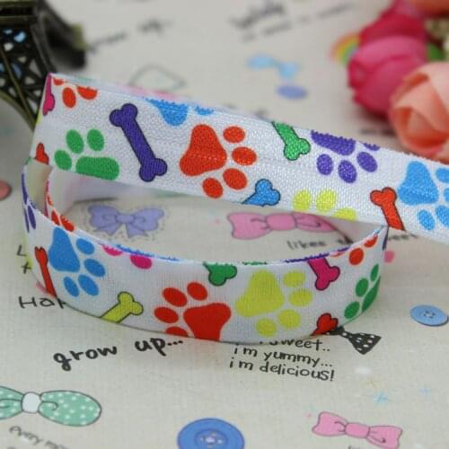 5/8 inch Free shipping Fold Over Elastic FOE pawprint printed ribbon headband hair band diy decoration wholesale OEM B148