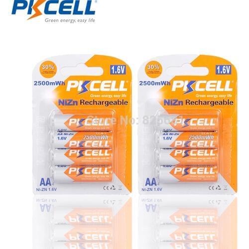 8Pcs 2Card PKCELL AA Rechargeable Nizn Battery 1.6V highest 1.8v aa 2500mWh 4Pcs Per Card For Toys Camera Flashlights