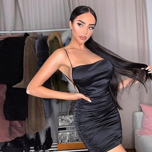 Spaghetti Strap Mini Satin Dress Women Sexy Backless Cross Bandage Bodycon Party Pleated Stretch Short Club vestido vintage size