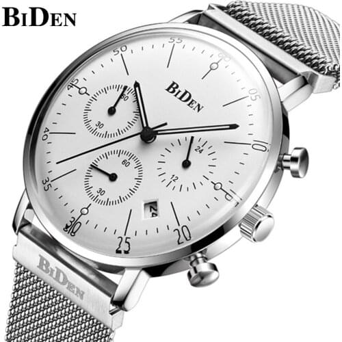 BIDEN Fashion Silver Ultra Thin Quartz Watch Stainless Steel Waterproof Men Wrist Watch Luminous Sport Chronograph Date Clcok