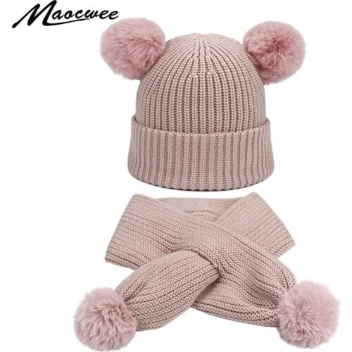 Cute Baby Pompon Hat Scarf Set Thicken Warmer Children Hat Scarf Suit Hat Scarf For Girls Boys Cotton Knitted Kids Caps Scarves