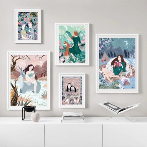 Girl Fox Deer Mountain Forest Abstract Wall Art Canvas Painting Nordic Posters Prints Wall Pictures For Living Room Home Decor