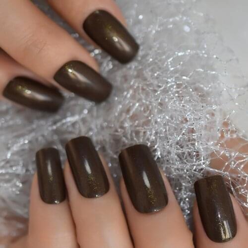 Glitter Glossy Faux Ongles Chocolate Brown Medium Long Square UV Gel ABS False Nails with Shimmer Inside 24 Nail Kit