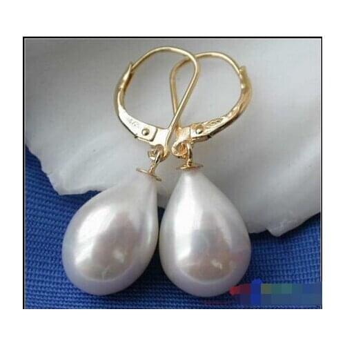 Jewerly free shipping 16 MM blanc rrd culture d'eau douce PEARL DANGLE boucle d'oreille