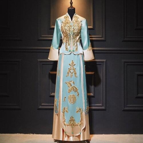 Chinese Wedding Dress Blue Exquisite Sequin Beading Cheongsam Traditional Dress Women Wedding Party Qipao