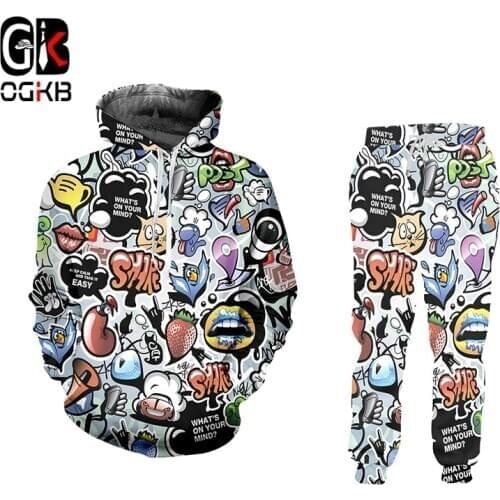 OGKB Men Women Fashion Graffiti Men Sets 3D All Over Print Hip Hop Casual Hoodie Hip Street Art Streetwear Hoodies And Pants