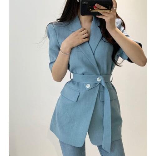 Korea Chic Summer French Retro Lapel Loose Solid Color Pocket Cardigan Short-sleeved Suit Jacket with Belt Women