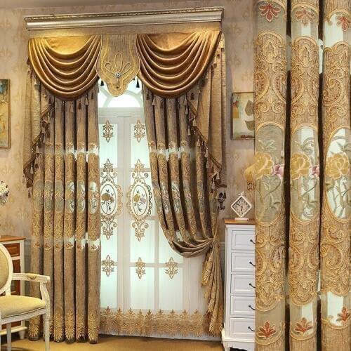 Brown Luxury European Chenille Water Soluble Embroidery Screen Curtains For Living Room Bedroom Window Curtains