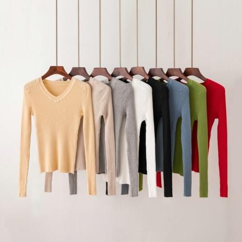 Short sweater female spring autumn slim sexy v-neck solid color with long sleeve bottoming knitted wild sweaters On sale D348