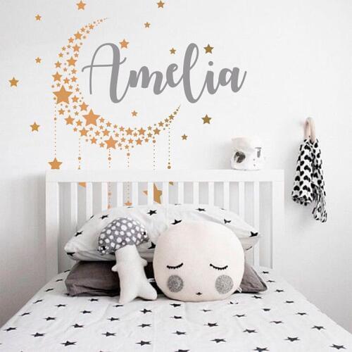 Moon And Stars Personalized Name Wall Decal Nursery Art Vinyl Sticker, Baby Girl Name Vinyl Decal Girl Room Decoration E20