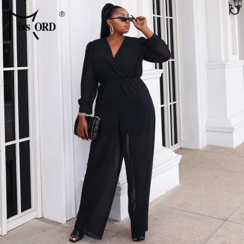 Missord 2021 Women Spring Fall Plus Size Elegant Mesh V Neck Long Sleeve Belt Maxi Jumpsuits Ladies Casual Solid Black Rompers