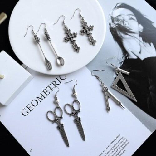 2020 New Fashion Creative Funny Compasses Set Square Drop Earrings Scissors Fun Women Brincos Jewelry Girl Gifts