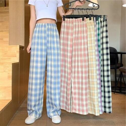 Plus Size New Korean Style Plaid Pants Spring Fashion 2021 Wide Leg Pant Women Lattice Print High Waist Plus Size Pants Women