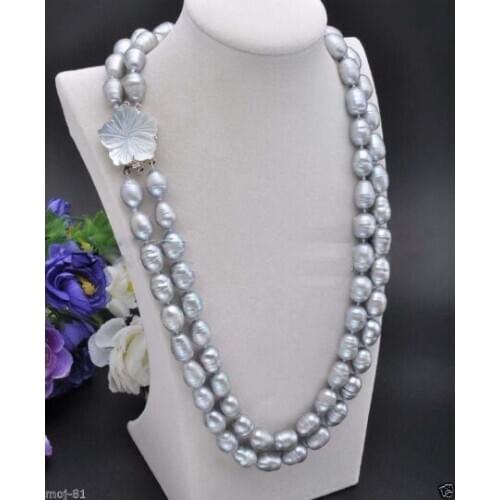 2 Rows 10-11mm Natural Gray Rice Freshwater Cultured Pearl Necklace 18-19'' AAA
