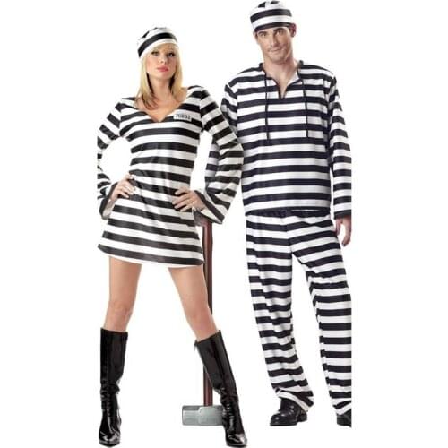 2016 Factory Direct Selling Hot Sale Halloween Laides Black And White Stripe Bloody Convict Zombie Prisoner Costume