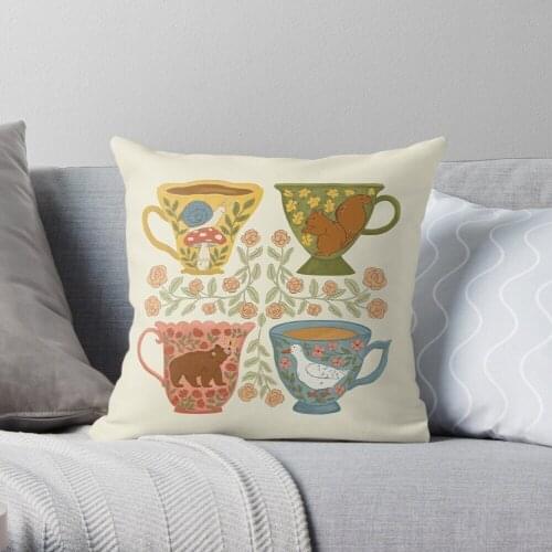 Pillowslip Floral Animal Teacups Throw Pillow 100% Cotton Decor Pillow Case Home Cushion Cover 45*45cm