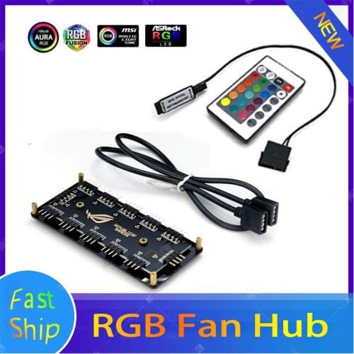 1-10 RGB Fan Controller Hub 12V 4PIN 5V 3Pin A-RGB Lighting Cable Splitter Wireless Remote Control Support M/B SYNC SATA Power