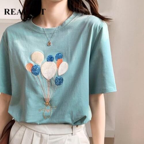 REALEFT Summer 2021 New Cotton Embroidery Short Sleeve Womens T-Shirts Chic Sequined O-Neck Casual Loose Shirts Tops Tee Lady