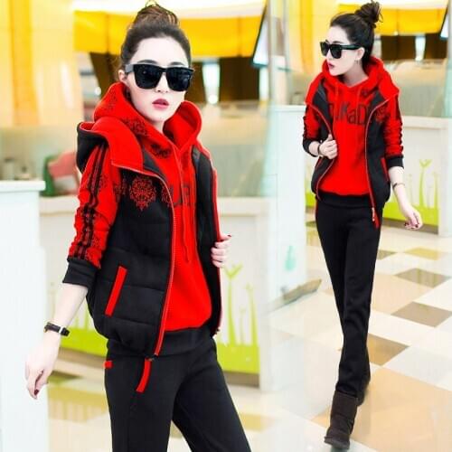 Winter thick fleece women sport suit tracksuits warm coat hoodie+jacket+pant casual jogger running workout outfit set sportswear