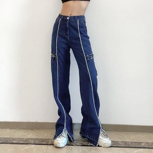 High Waist Loose Patchwork Jeans 2021 Y2K Vintage Side Bandage Denim Pants Women Streetpants Female Fall Split Trousers P049