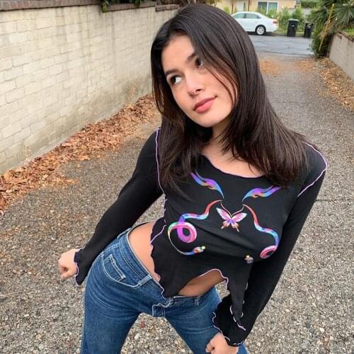 Ruffles Black Harajuku Short Top T Shirt Split Print Long Sleeve Tee Shirt Women Y2K 90s T-shirts Autumn Streetwear 2021