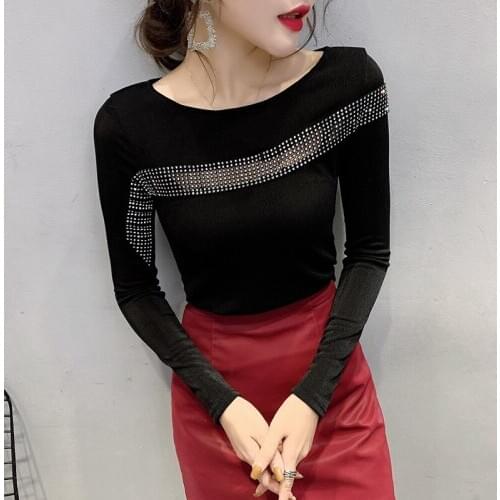 For Women Autumn Clothing Cotton Office Lady Full Diamonds Tops Shirts O-Neck Solid Plus Size Elegant Sexy Party 2020 New Shirts