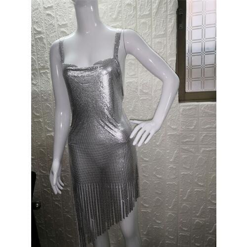Metal Mesh Backless Dress Sequins Body Chain Bra Harness Chainmail Female Party Club Metallic Tassel Fringe Vestido Body Jewelry