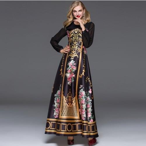 Elegant Designer Maxi Dress 2016 Womens Printed Perspective Sleeve Patchwork Vintage Long Dress High Quality