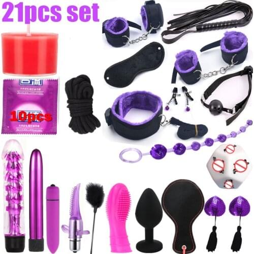 21pcsSex Toys for Couples Nylon BDSM Sex Bondage Set Sexy Lingerie Handcuffs Metal Tail Anal Plug Vibrator Vibrator Sex Products
