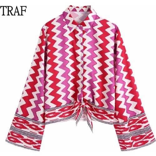 TRAF Za Fashion Bowknot Woman Blouses 2021 Summer Print Long Sleeve Top Elegant Blouses Womens Clothing Irregular Chic Tops