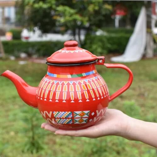 2L Retro Style Thick Enamel Coffee Pot Kettle Teapot Cold Water Milk Bottle With Chinese Traditional Totem Gas Induction Cooker