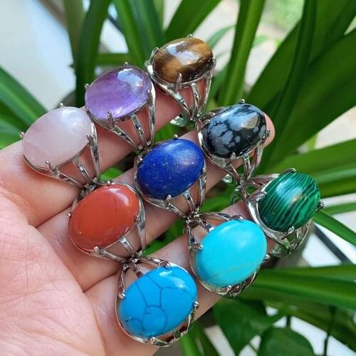 Healing Natural Gem Stone Crystal Rings for Women Lapis Tigereye Turquoises Pink Quartz Fashion Ring Party Wedding Resizable