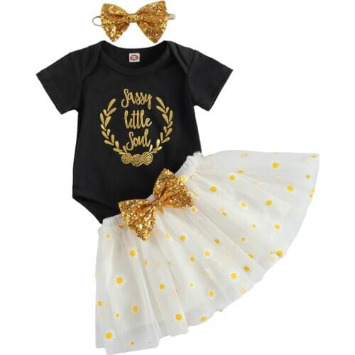 Girl’s 3Pcs Clothes Set, Letter Printed Short Sleeve Romper with Daisy Flower Printed Tulle Skirt and Headband Outfits