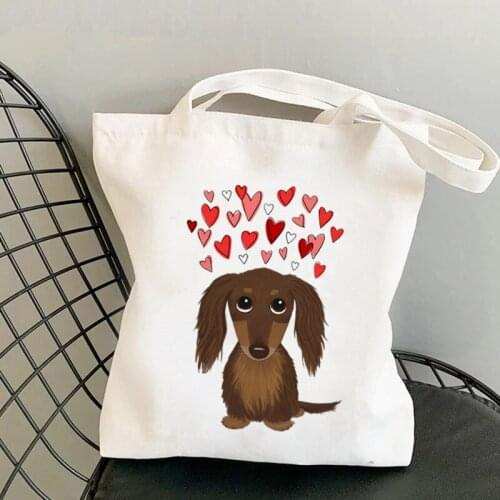 Shopper Brown Dachshund with Hearts in love Tote Bag women Harajuku shopper handbag girl Shoulder shopping bag Lady Canvas Bag