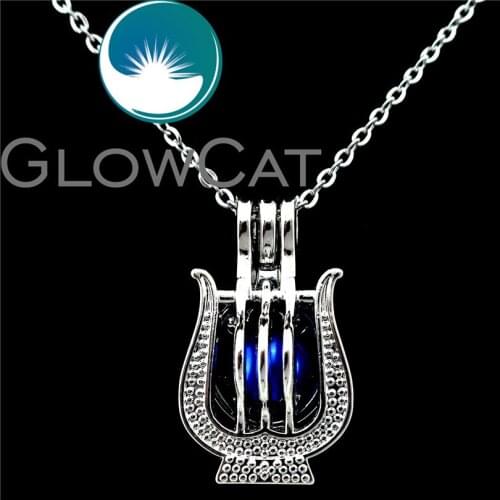 GLOWCAT K693 Metal Lyre Harp Beads Cage Essential Oil Diffuser Aroma Pearl Cage Locket Necklace Women Girl Gift Jewelry