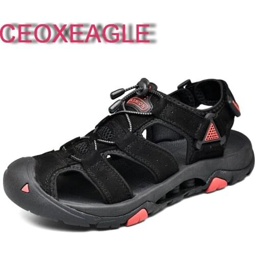 Men Beach Fashion Breathable Slippers Big Brand Tip Closed Toe Sandals Genuine Leather Men Shoes Summer New Large Bize Bohemia