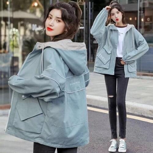 2021 New Tooling Jacket Korean Style Loose Spring Autumn Women Clothing Student All-match Long Sleeve Top With Hood Zipper Coat