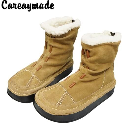 Careaymade-New Cotton cowhide boots casual Korean thick soled warm boots womens boots literature art Martin real leather boots